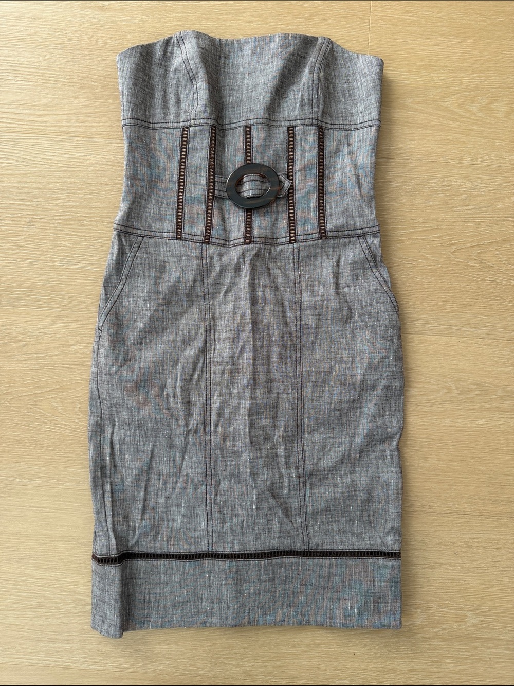 Strapless Brown Linen-Blend Dress with Waist Accent